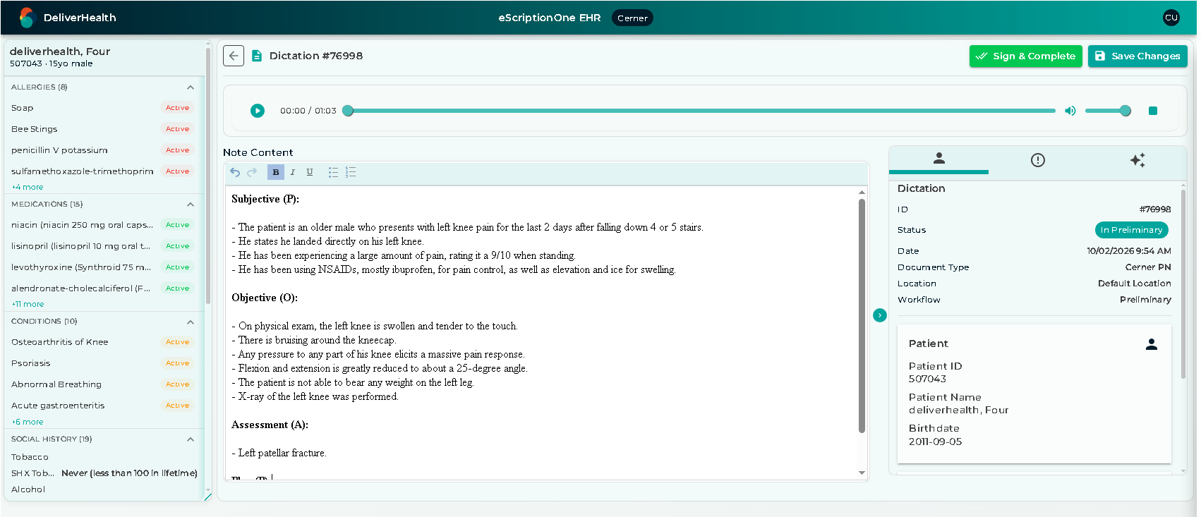 Note editor with Note Content, Save Changes, and Sign & Complete